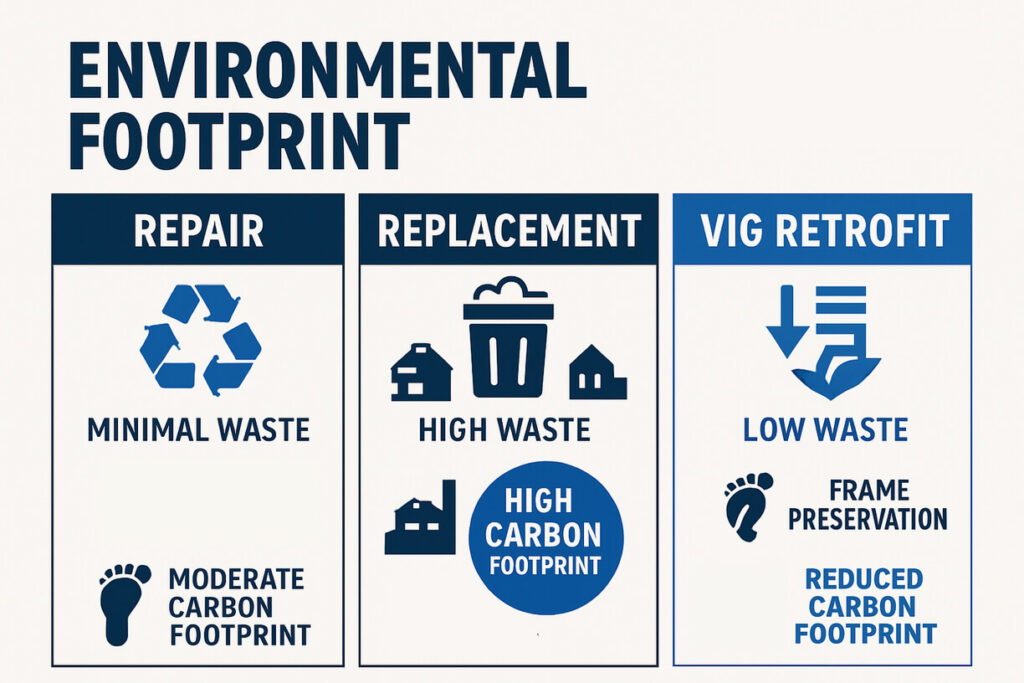 Infographic comparing environmental footprints for Repair vs Replace Windows: repair has minimal waste and moderate carbon footprint, replacement leads to high waste and carbon footprint, while VIG retrofit offers low waste and reduced carbon footprint.