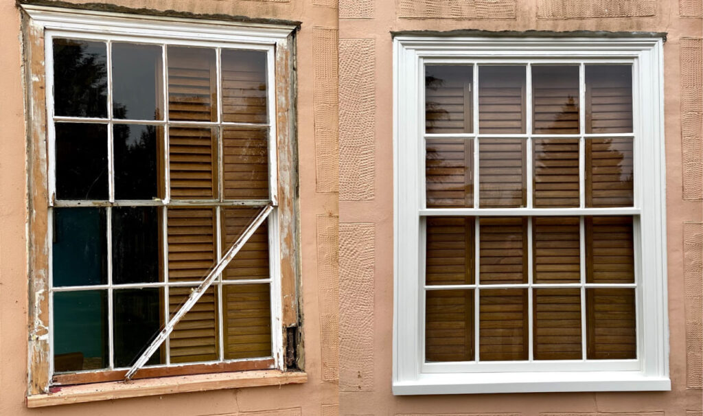 Two pictures showcasing the restoration of a sash window with wooden shutters.