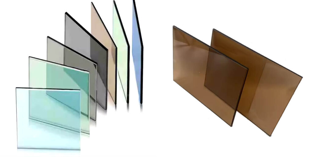 Various single-glazing tinted glass panels are displayed, showcasing different colors and transparencies.