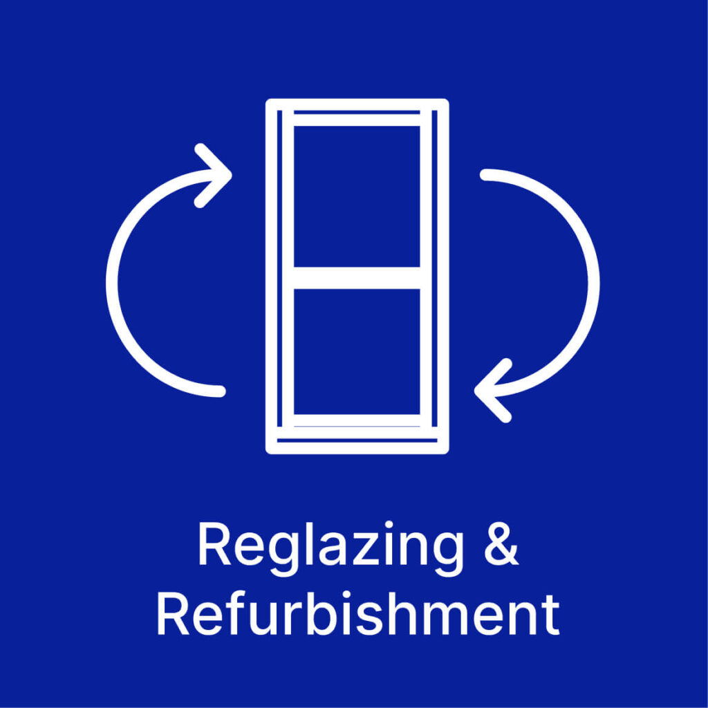 Icon of a window with two circular arrows on either side, indicating double glazing sash windows reglazing and refurbishment; white on a blue background. Text below reads "Reglazing & Refurbishment.