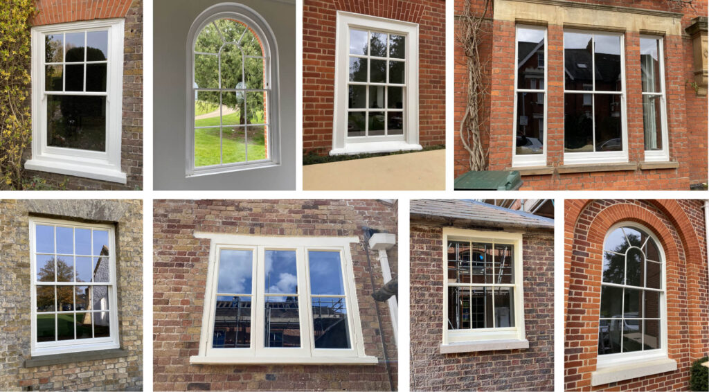 A collage of eight different traditional-style windows, including double glazing sash windows, set in brick or stone walls, featuring various shapes and white framing, some with reflections and outdoor scenery visible.
