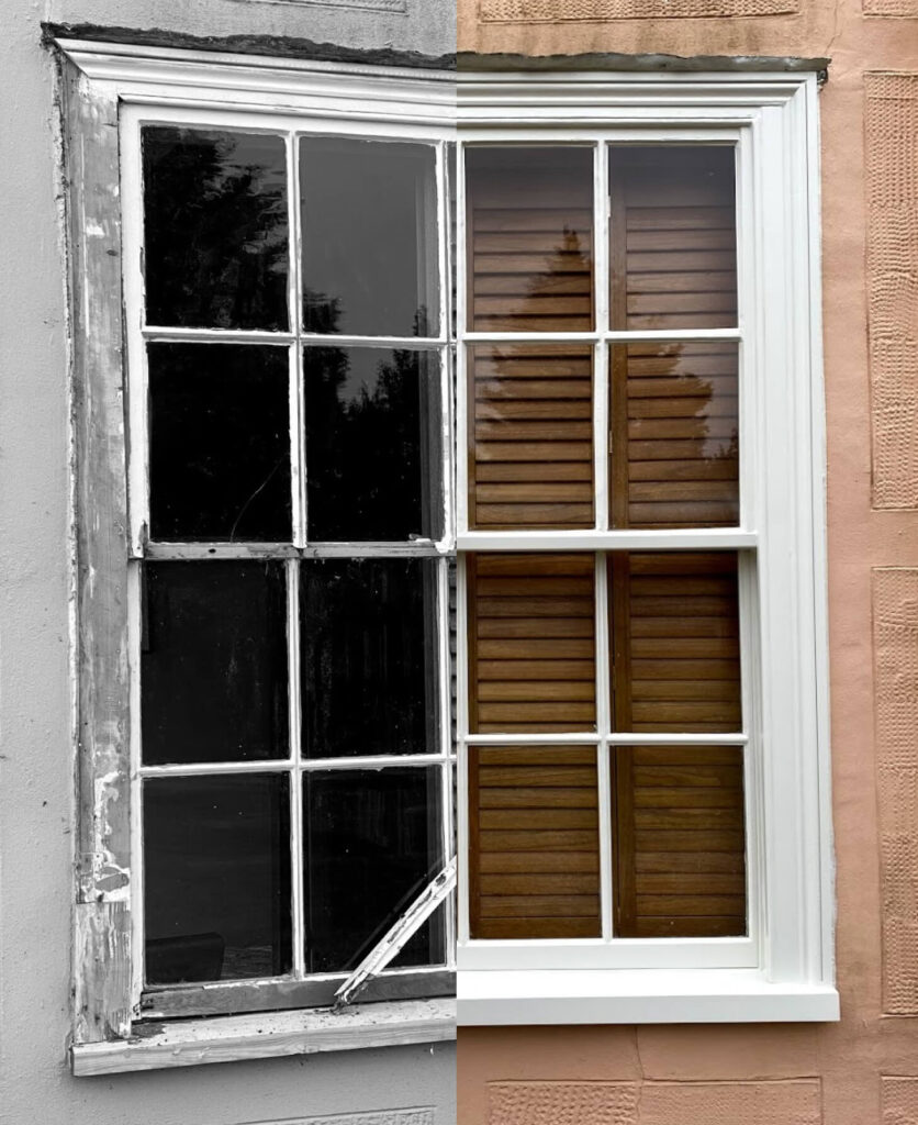 A window is split down the middle; the left side is old, damaged, and in black and white, while the right features new double glazing sash windows, fully restored and vibrant in color.
