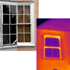 A photo of a window next to its thermal image, showing heat loss around the window frame highlighted in yellow and orange.