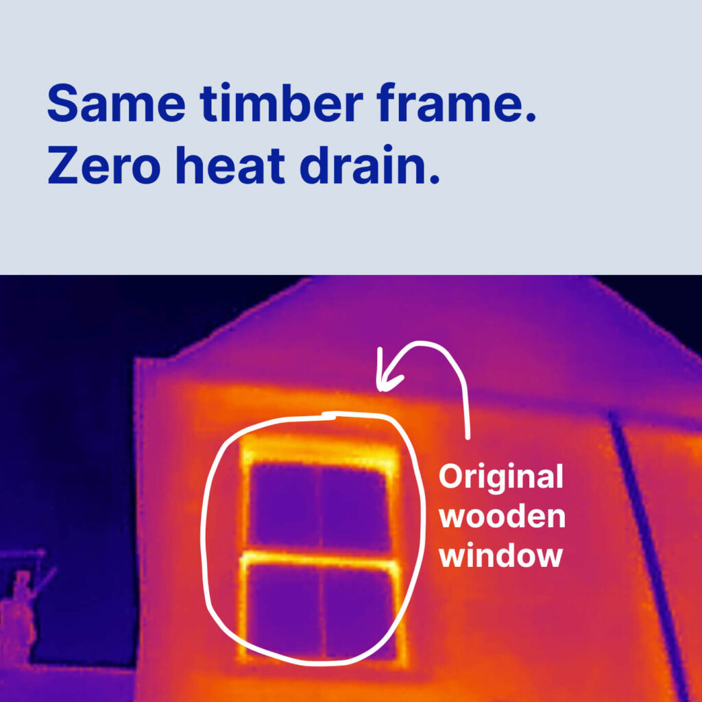Thermal image of a house showing heat loss around an original wooden window, highlighted with a white circle and annotation. Text above reads: "Same timber frame. Zero heat drain." Sash windows repair Essex keeps your home warmer and more efficient.