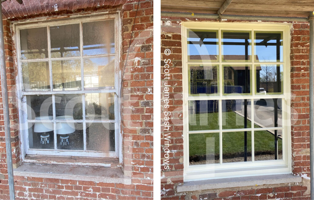 Side-by-side comparison of a weathered, old sash window on the left and a restored, freshly painted sash window on the right, both set in a brick wall—showcasing expert sash windows repair Essex.