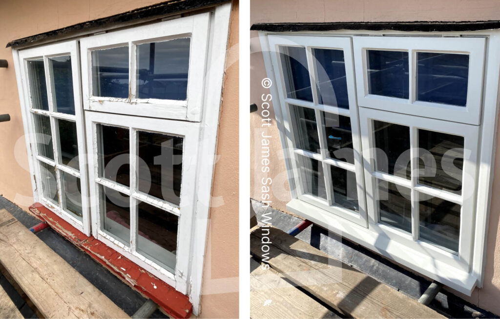 Side-by-side comparison of an old, worn wooden sash window (left) and a newly restored white sash window (right) on a pink exterior wall, highlighting the quality of sash windows repair Essex can offer.