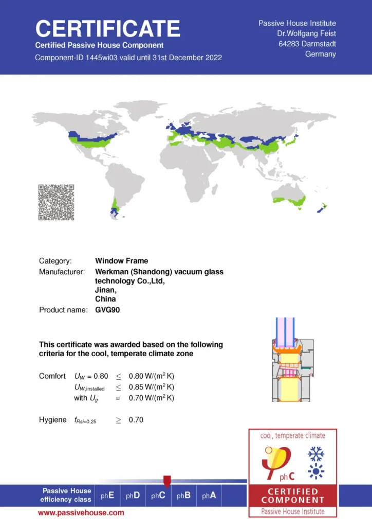 Certificate for a window frame featuring landvac glass, a world map with marked climate zones, technical specifications, and logos from the Passive House Institute.