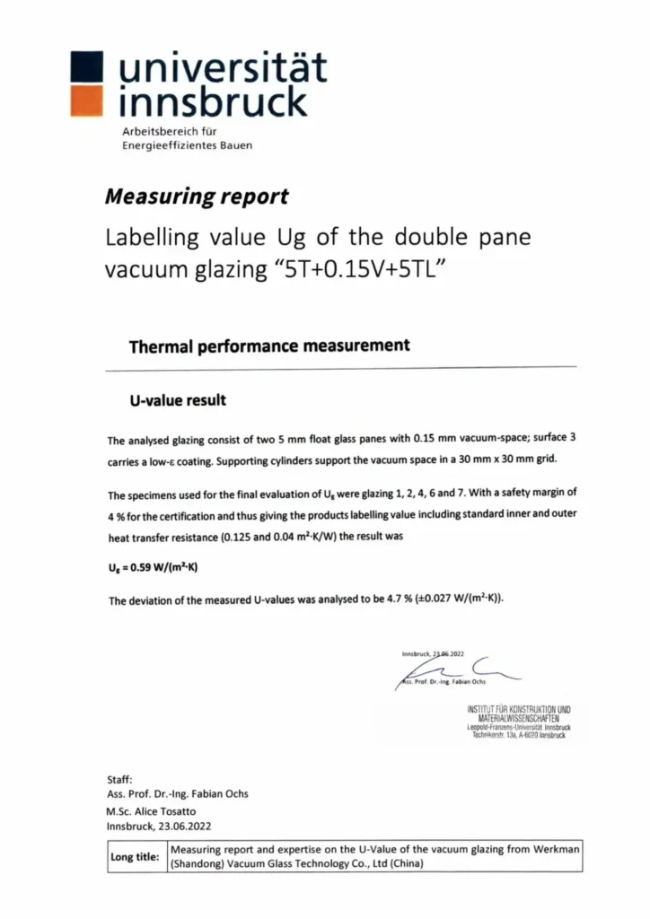 A measuring report from Universität Innsbruck on the U-value of double pane vacuum glazing using LandVac glass, showing test results, methodology, and signatures.