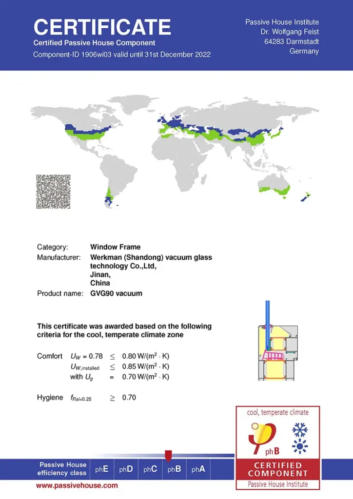 Certificate for a GV690 vacuum glass window frame by Weiwang, featuring LandVac glass, a world climate zones map, technical specifications, and Passive House certification details.