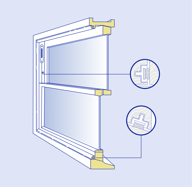 Diagram of a double-hung window with two circular insets highlighting detailed cross-sections of the frame and sash components—ideal for sash windows restoration specialists.