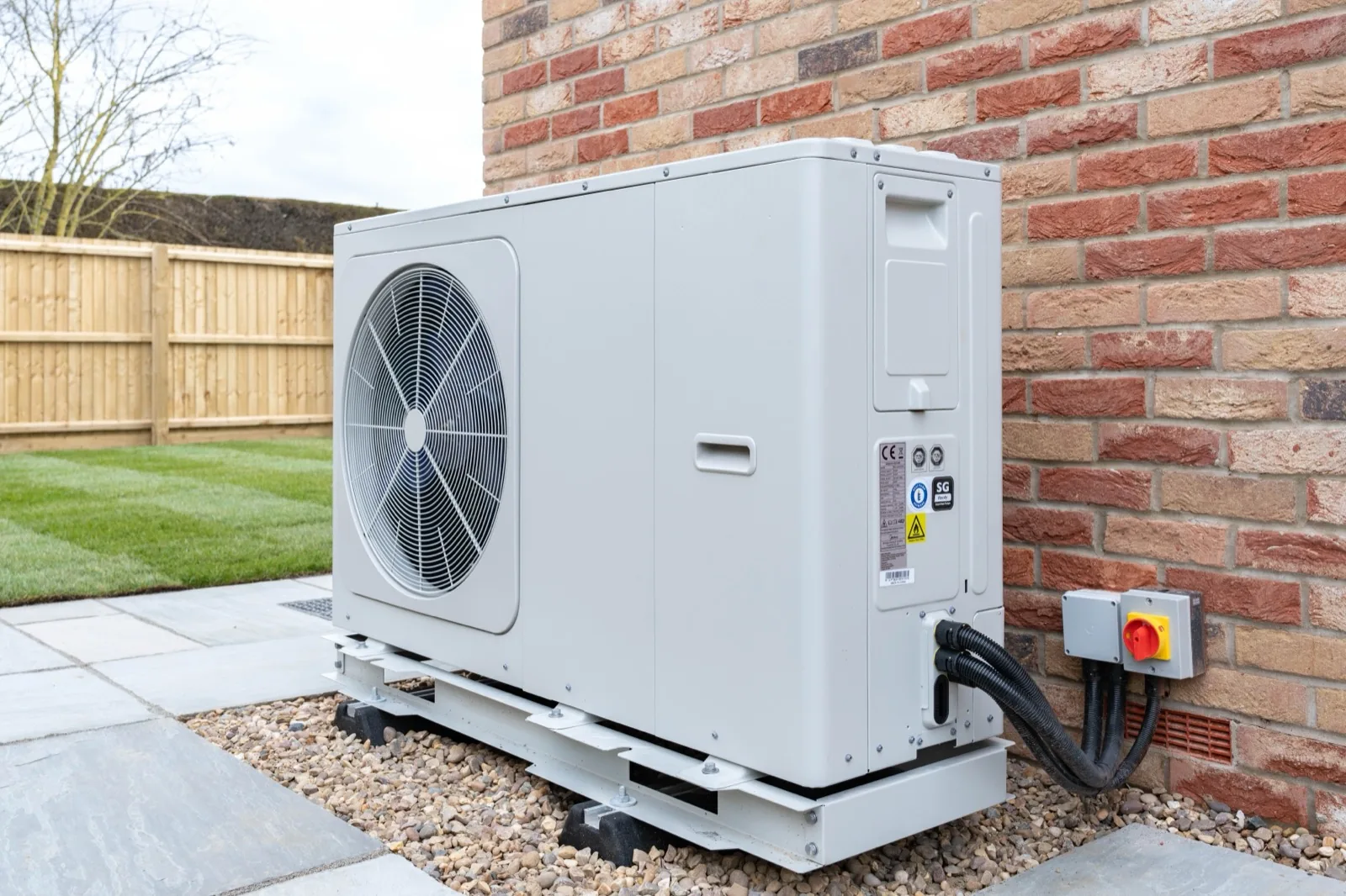 An air source heat pump unit fitted against the brick wall of a house, beside a paved garden
