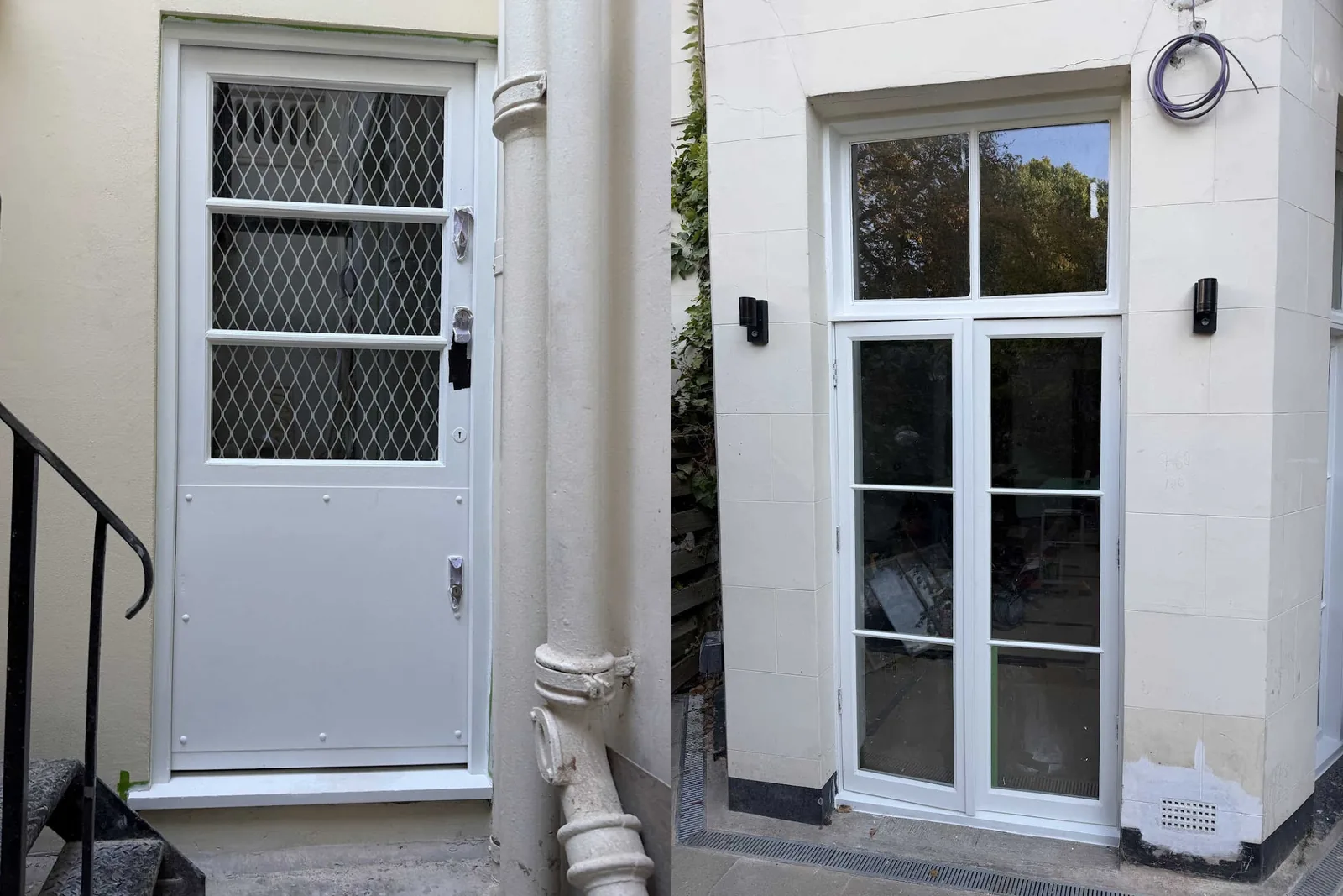 Restored lower ground door with its diamond-mesh panel, and the tall glazed doors on the canted bay