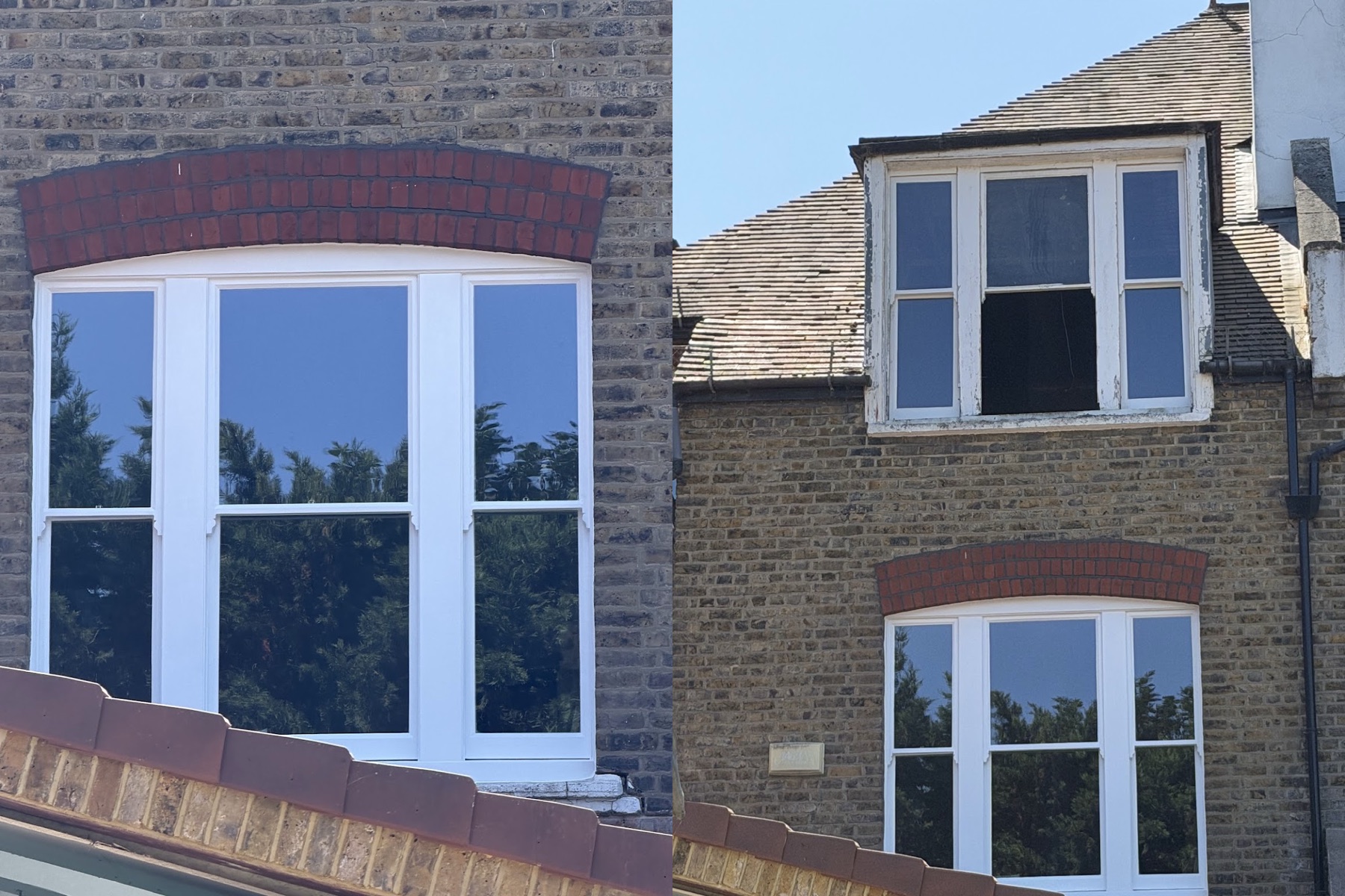 Rear elevation: the reglazed three-light sash window under its red-brick arch, with the unrestored dormer sash above
