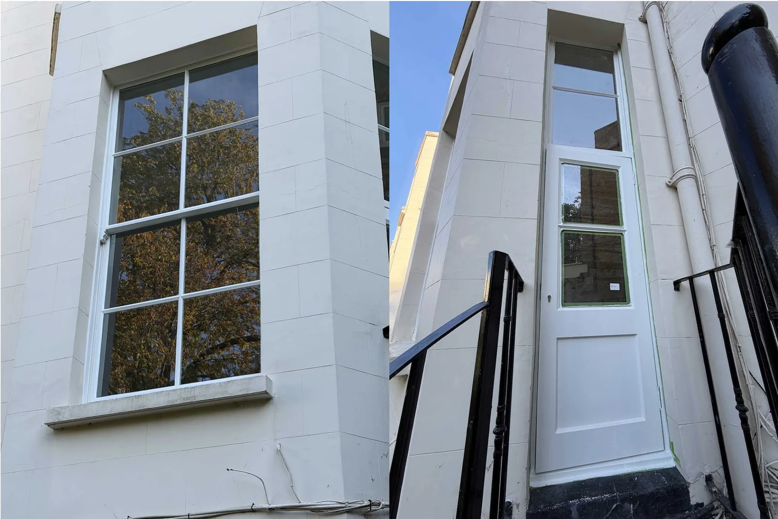 Six-over-six glazing-bar sash on the canted bay, reglazed, beside a tall glazed door by the external steps