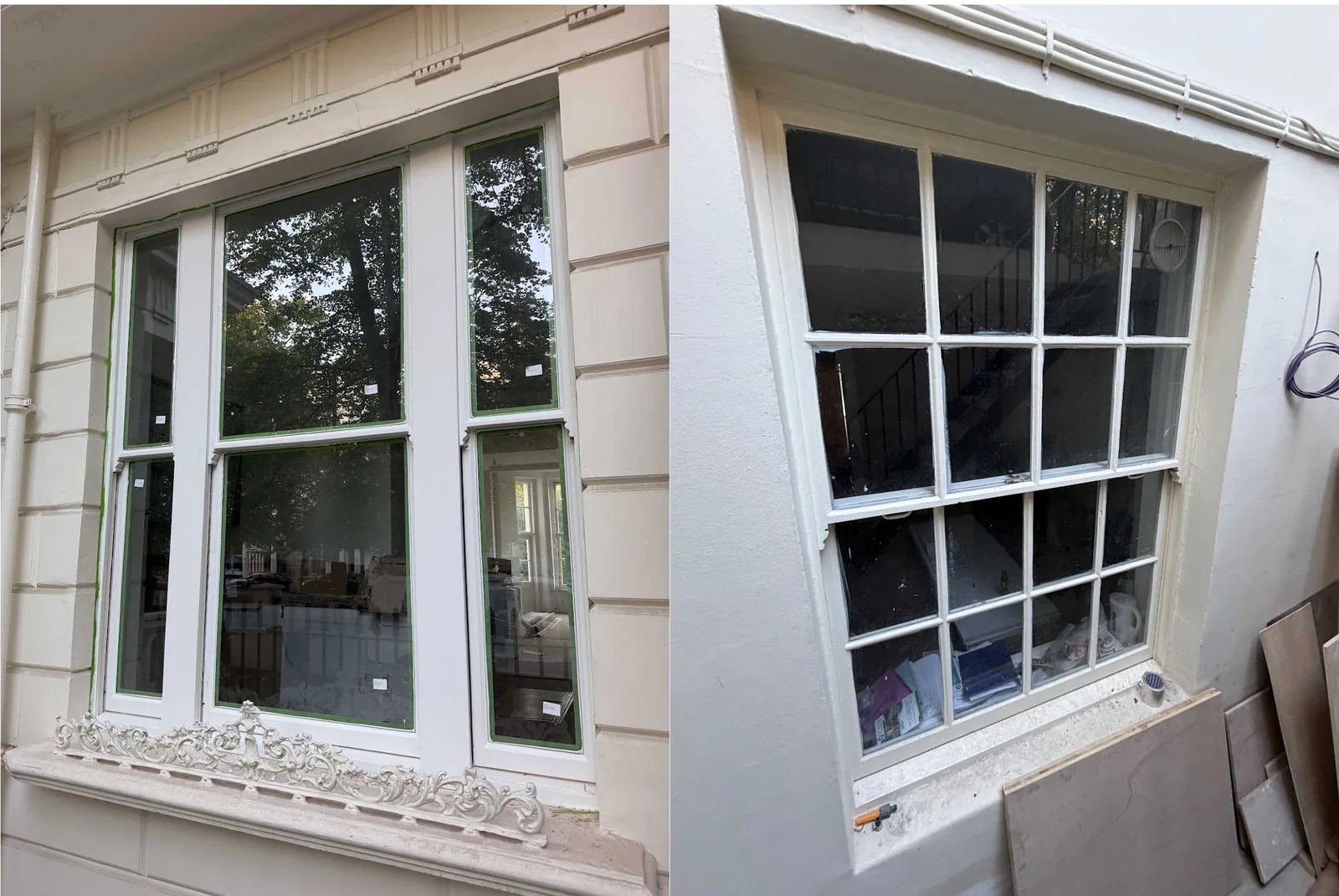 Wide three-part sash window behind an ornate cast-iron guard, beside a small-pane glazing-bar sash